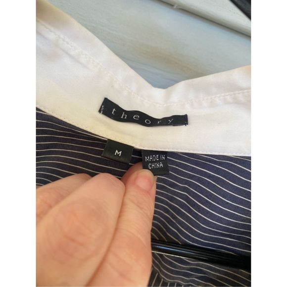 Theory Adele C Chopstick Black White Stripe Polo Cotton Blouse, Size Medium - Picture 2 of 8